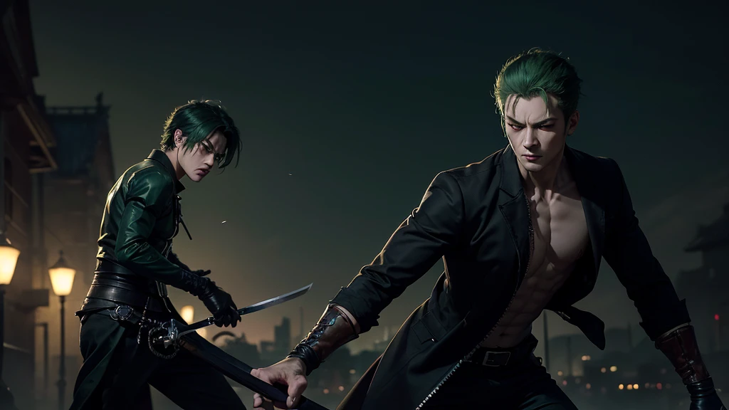 1 handsome roronoa zoro, manly , 3 swords, handsome, demon slayer, gray eye, green hair, ultra HD, high quality, 32k