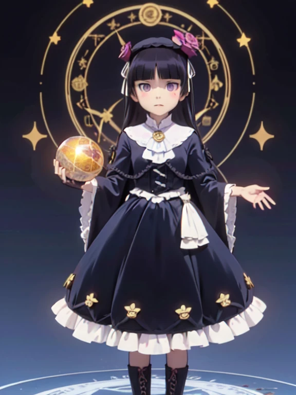 (masterpiece, Highest quality:1.1), astrologer, 1 Girl, alone, witch hat, gloves, dress, Black Costume、((Long skirt))、Frills, boots, Cape, witch, ((ruri gokou)), Crystal Ball, magic circle, Shining Star, meteor, universe, magical energy, Vision of the future