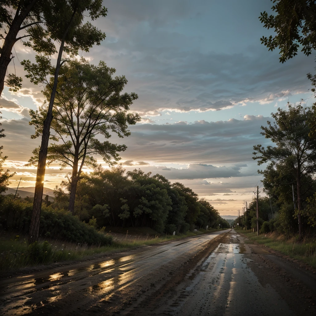 A dirt road with a wet appearance and on the sides there are trees. Besides, There are people sleeping at the foot of each of the trees , and a temperate climate with a light on the horizon of the road. 