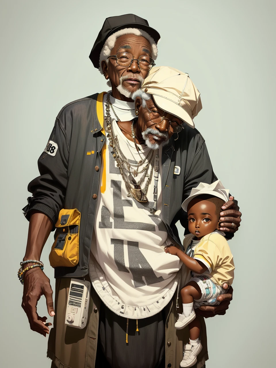 Old black grandpa rapper who wears baby diapers, elderly 80 year old black man, 