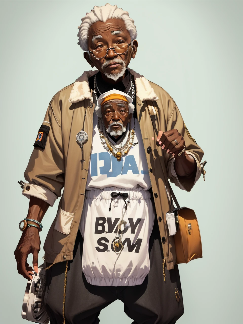 Old black grandpa rapper who wears baby diapers, elderly 80 year old black man, 