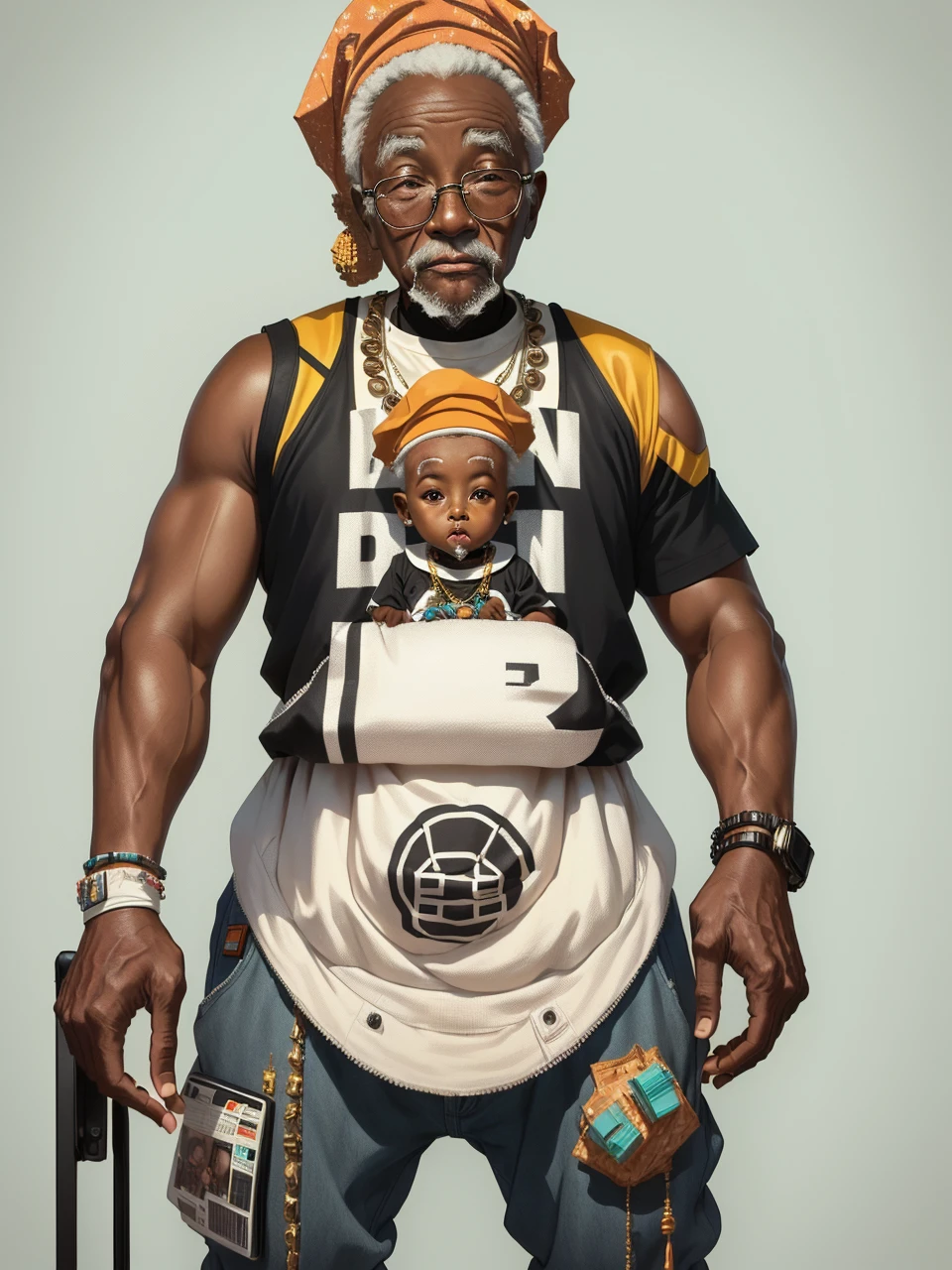 Old black grandpa rapper who wears baby diapers, elderly 80 year old black man, 