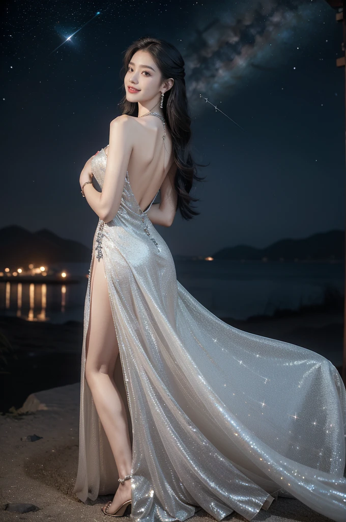 (((best quality))),(((ultra detailed))),(((masterpiece))),illustration,((A beautiful female astrologer,solo)),((slim,thin)),((bare back,towering hips,butt crack)),((shoulder length straight hair)),(laughing:1.2),(earrings,necklace),(sparkled sheer dress:1.3),standing beneath a magical summer night, stars twinkling in the velvety darkness,starry sky, sapphire eyes filled with wonder, flowing ethereal gown mimicking the stars, silver pendant shaped like a horoscope,serene smile and captivating gaze, celestial beauty and mystery, solace and inspiration in the vast expanse of the universe,((from back,upper body))