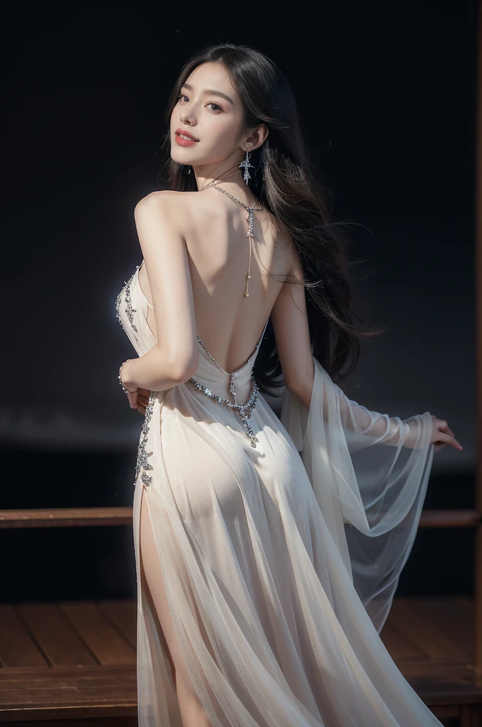(((best quality))),(((ultra detailed))),(((masterpiece))),illustration,((A beautiful female astrologer,solo)),((slim,thin)),((bare back,towering hips,butt crack)),((shoulder length straight hair)),(laughing:1.2),(earrings,necklace),(sparkled sheer dress:1.3),standing beneath a magical summer night, stars twinkling in the velvety darkness,starry sky, sapphire eyes filled with wonder, flowing ethereal gown mimicking the stars, silver pendant shaped like a horoscope,serene smile and captivating gaze, celestial beauty and mystery, solace and inspiration in the vast expanse of the universe,((from back,upper body))