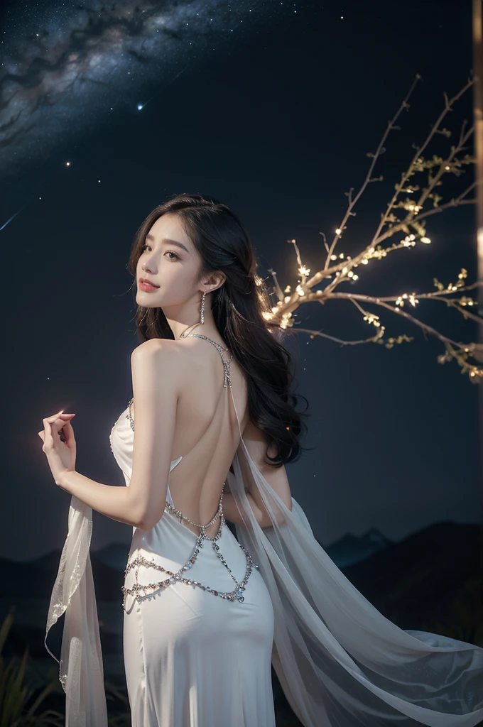 (((best quality))),(((ultra detailed))),(((masterpiece))),illustration,((A beautiful female astrologer,solo)),((slim,thin)),((bare back,towering hips,butt crack)),((shoulder length straight hair)),(laughing:1.2),(earrings,necklace),(sparkled sheer dress:1.3),standing beneath a magical summer night, stars twinkling in the velvety darkness,starry sky, sapphire eyes filled with wonder, flowing ethereal gown mimicking the stars, silver pendant shaped like a horoscope,serene smile and captivating gaze, celestial beauty and mystery, solace and inspiration in the vast expanse of the universe,((from back,upper body))
