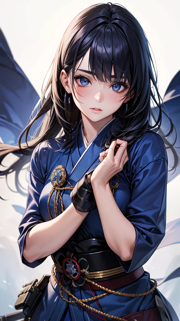 Highest quality, Ultra-high resolution, (Realistic: 1.4), beautiful Eyes, Super beautiful, beautiful, Warrior, Japanese style, Blue tones、beautiful Soldier, Eyes that beckon, Mistress's point of view, Attractive look, Sexy smile, Perfect Style, Perfect balance, Detailed skin, Mischievous Gaze, (Black Hair、ponytail), Droopy eyes