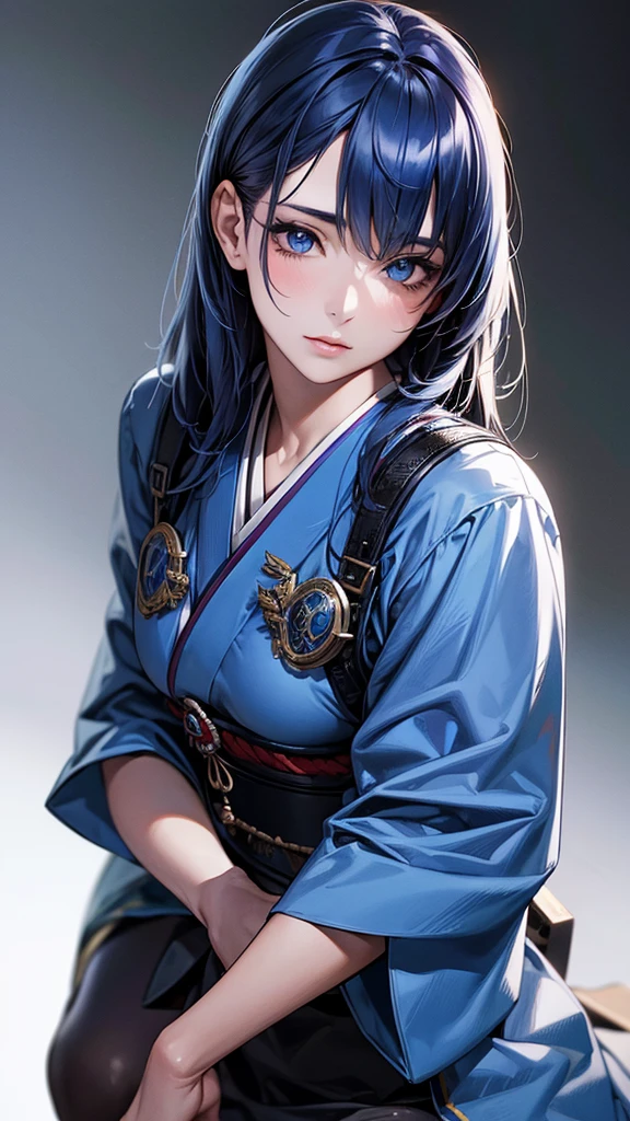 Highest quality, Ultra-high resolution, (Realistic: 1.4), beautiful Eyes, Super beautiful, beautiful, Warrior, Japanese style, Blue tones、beautiful Soldier, Eyes that beckon, Mistress's point of view, Attractive look, Sexy smile, Perfect Style, Perfect balance, Detailed skin, Mischievous Gaze, (Black Hair、ponytail), Droopy eyes