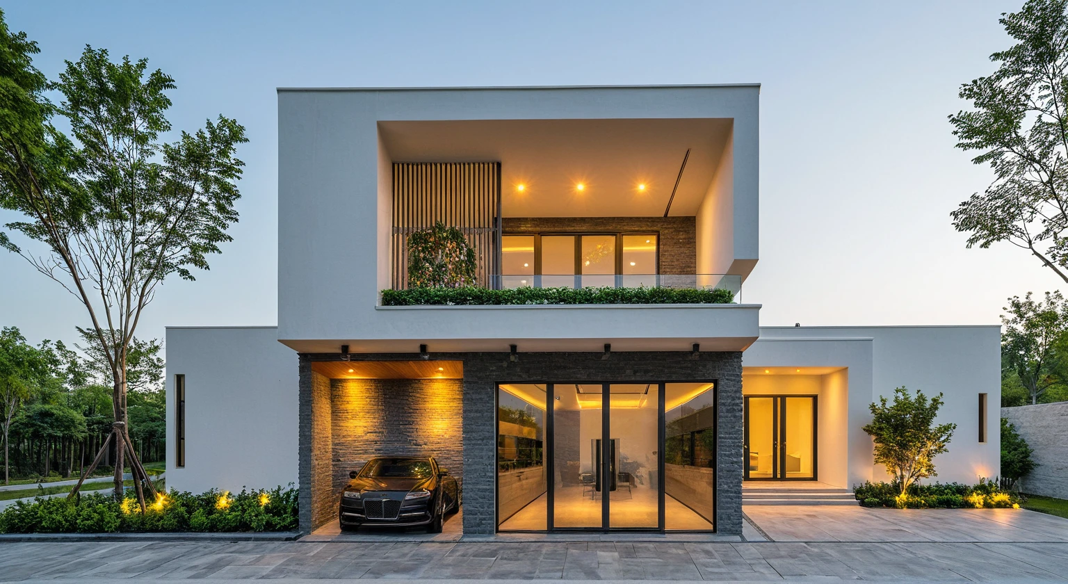 Modern two-story house, minimalist architecture. Strong lines, bright colors, interior lights. There are roads, cars, and people ahead. Surrounded by city views, with sidewalk trees. Afternoon light, mild sunshine. Gray stone wall, white wall paint