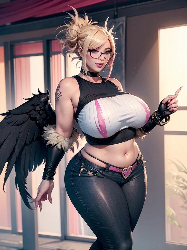 realisticlying,22yo girl,Blonde short、big body, sexy lingerie lace black ,perfect eyes, hair bunches、very very long hair, ultradetailed hair, body nylon sexy, Breasts enlarged、 big body, blonde, woman 1.90 CM,ponytail, ((hair over eyes)),perfect mouth, massive big bounce oppai, WET SKIN, (masterpiece, best quality:1.2), 1girl, solo, city background, haze \(fortnite\), Harpy Haze From fortnite, 1girl, earrings, glasses, hat, jewelry, lips, long hair, looking at viewer, makeup, nail polish, pink eyes, pink hair, pink nails, smile, sunglasses, tinted eyewear, belt, black pants, crop top, eyeshadow, midriff, navel, pants, choker, fingernails, round eyewear, sharp fingernails, standing, black feathers, black headwear, hoop earrings, horned headwear, horns, denim, winged arms, feather trim, star \(symbol\), elbow gloves, dark pink lips, feathers, heels, shoes, angel wings, bangle, black wings, crop top overhang, feathered wings, harpy, low wings, multicolored hair, multicolored wings, pink wings, wings, fingerless gloves, shirt, long fingernails, boater hat, bootcut pants, leather pants, sleeves, black sleeves,massive big bounce oppai,massive big bounce oppai,massive big bounce oppai,big bounce oppai,big bounce oppai,ultra massive breast,fashion model,