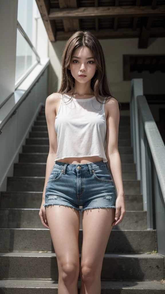 Greater definition, high sharpness. Realistic girl, clear skin, whole body, small stature, black loose top, exposed ambomen, short denim shorts, long brown hair. The woman is climbing stairs.