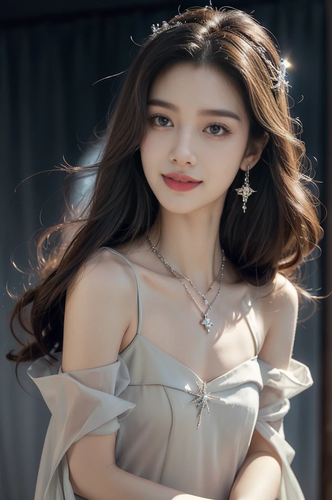 (((best quality))),(((ultra detailed))),(((masterpiece))),illustration,((A beautiful female astrologer,solo)),((slim,thin)),((small breasts,flat chest)),((shoulder length straight hair)),(laughing:1.2),(earrings,necklace),(sparkled sheer shirt-dress:1.3),standing beneath a magical summer night, stars twinkling in the velvety darkness,starry sky, sapphire eyes filled with wonder, flowing ethereal gown mimicking the stars, silver pendant shaped like a horoscope,serene smile and captivating gaze, celestial beauty and mystery, solace and inspiration in the vast expanse of the universe,((from front,upper body))