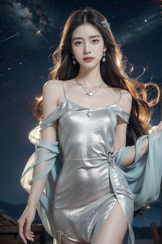 (((best quality))),(((ultra detailed))),(((masterpiece))),illustration,((A beautiful female astrologer,solo)),((slim,thin)),((small breasts,flat chest)),((shoulder length straight hair)),(laughing:1.2),(earrings,necklace),(sparkled sheer shirt-dress:1.3),standing beneath a magical summer night, stars twinkling in the velvety darkness,starry sky, sapphire eyes filled with wonder, flowing ethereal gown mimicking the stars, silver pendant shaped like a horoscope,serene smile and captivating gaze, celestial beauty and mystery, solace and inspiration in the vast expanse of the universe,((from front,upper body))