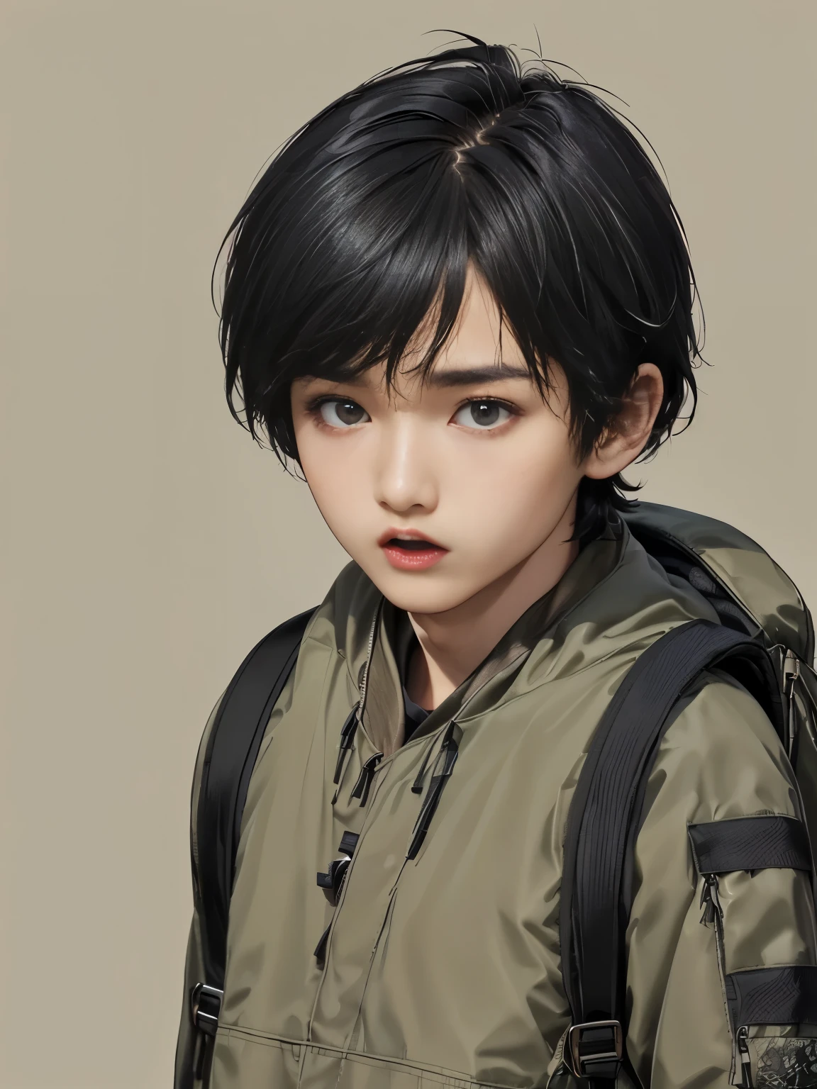 A charming carries a backpack, her body is naked, and her expression is broken. The illustration is a high-definition illustration in 4K resolution with highly detailed facial features and cartoon-style visuals.