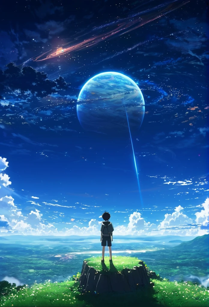 anime - style scene of a beautiful sky with a star and a planet, cosmic skies.  With boy standing and seeing sky. Nature by makoto shinkai, anime art wallpaper 4k, anime art wallpaper 4 k, anime art wallpaper 8 k, anime wallpaper 4k, anime wallpaper 4 k, 4k anime wallpaper, anime sky, amazing wallpaper, anime background, heaven planet in background, anime background art