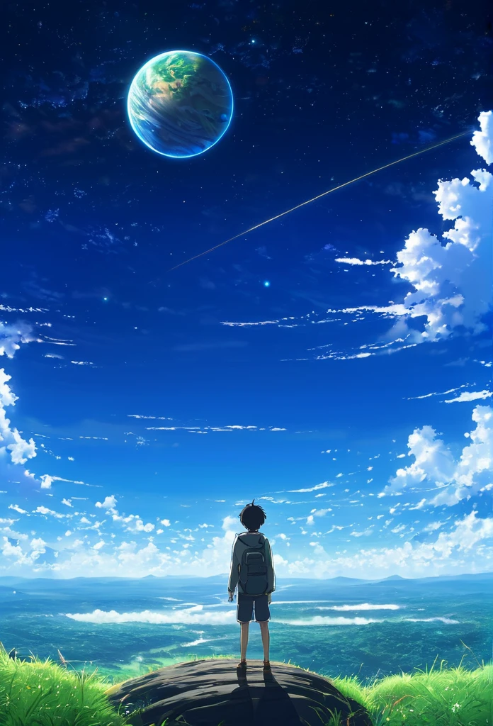 anime - style scene of a beautiful sky with a star and a planet, cosmic skies. With boy standing and seeing sky. Nature by makoto shinkai, anime art wallpaper 4k, anime art wallpaper 4 k, anime art wallpaper 8 k, anime wallpaper 4k, anime wallpaper 4 k, 4k anime wallpaper, anime sky, amazing wallpaper, anime background, heaven planet in background, anime background art