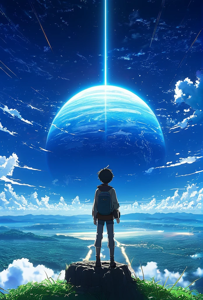 anime - style scene of a beautiful sky with a star and a planet, cosmic skies.  With boy standing and seeing sky. Nature by makoto shinkai, anime art wallpaper 4k, anime art wallpaper 4 k, anime art wallpaper 8 k, anime wallpaper 4k, anime wallpaper 4 k, 4k anime wallpaper, anime sky, amazing wallpaper, anime background, heaven planet in background, anime background art