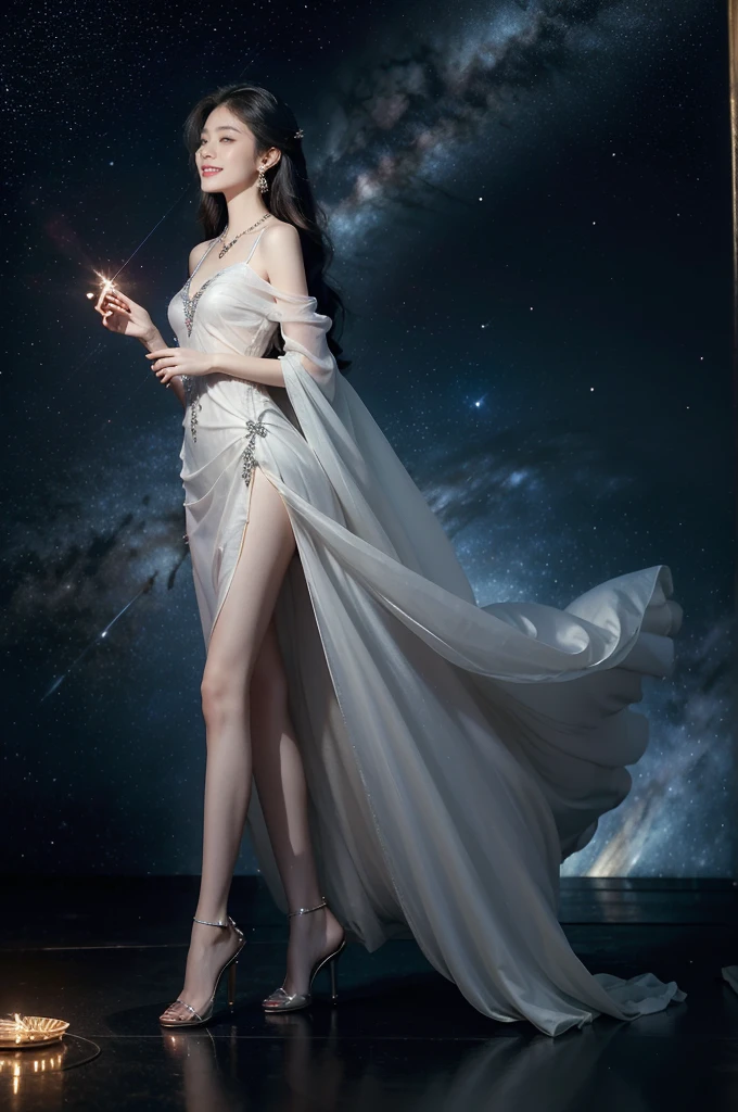 (((best quality))),(((ultra detailed))),(((masterpiece))),illustration,((A beautiful female astrologer,solo)),((slim,thin)),((small breasts,flat chest)),((shoulder length straight hair)),(laughing:1.2),(earrings,necklace),(sparkled sheer shirt-dress:1.3),(slender legs),standing beneath a magical summer night, stars twinkling in the velvety darkness,starry sky, sapphire eyes filled with wonder, flowing ethereal gown mimicking the stars, silver pendant shaped like a horoscope,serene smile and captivating gaze, celestial beauty and mystery, solace and inspiration in the vast expanse of the universe,((from front,full body))