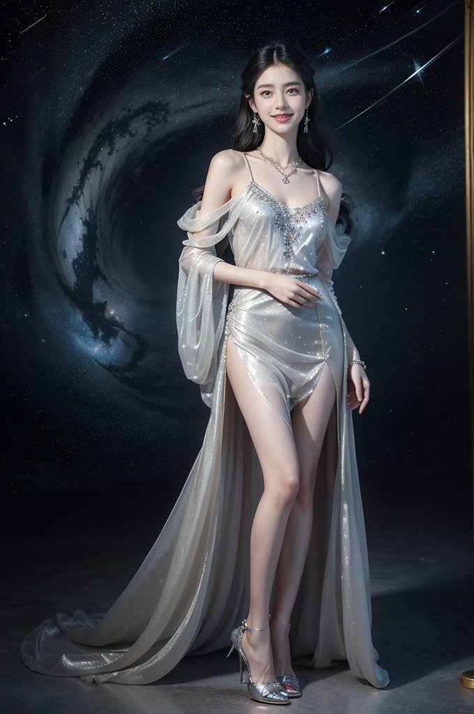 (((best quality))),(((ultra detailed))),(((masterpiece))),illustration,((A beautiful female astrologer,solo)),((slim,thin)),((small breasts,flat chest)),((shoulder length straight hair)),(laughing:1.2),(earrings,necklace),(sparkled sheer shirt-dress:1.3),(slender legs),standing beneath a magical summer night, stars twinkling in the velvety darkness,starry sky, sapphire eyes filled with wonder, flowing ethereal gown mimicking the stars, silver pendant shaped like a horoscope,serene smile and captivating gaze, celestial beauty and mystery, solace and inspiration in the vast expanse of the universe,((from front,full body))