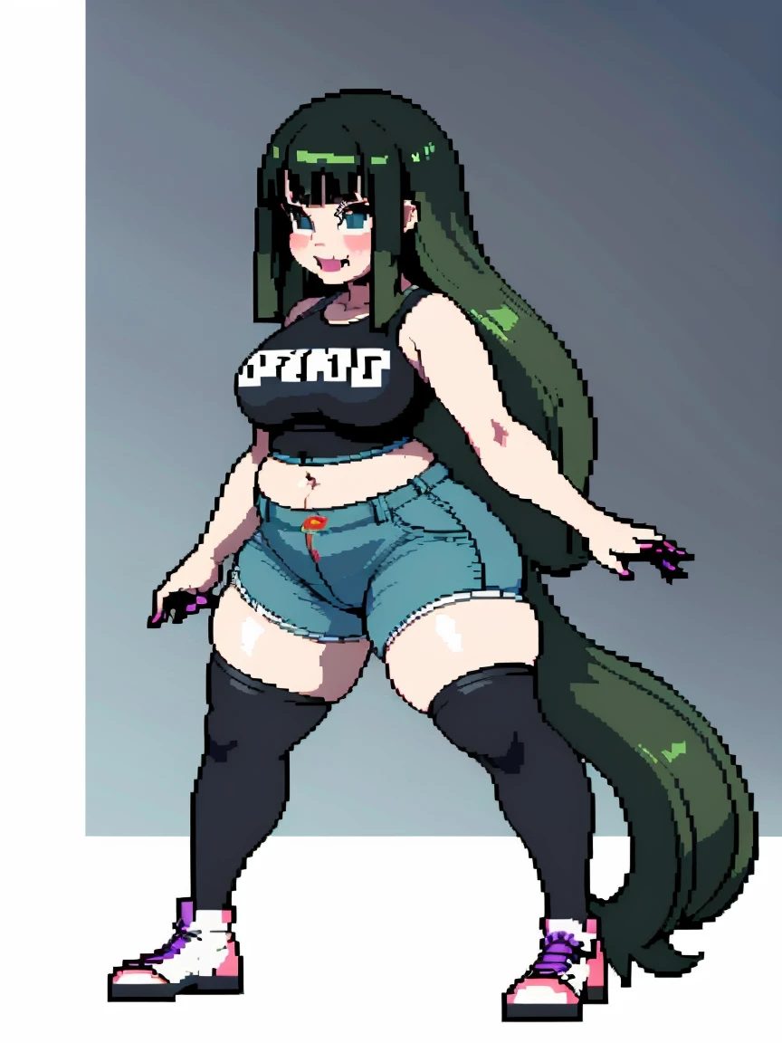 (masterpiece, top quality, best quality, less detail, 8-bit color), pixel,pixel art,1girl, fullbody, smack studio, separate body for edit, (bbw:2.0), (wide hips:1.2), (thick thighs:1.1), (tiny waist:1.3), (bulging belly), (fat bellybutton), (denim shorts), (black crop top), (thighhighs), (shoes)