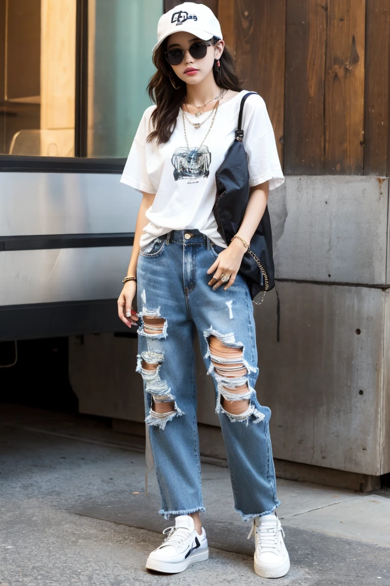 A girl,Psychedelic, Found Object, Dadaist,Casual weekend look, oversized flannel shirt, basic white tee, distressed boyfriend jeans, slip-on sneakers, baseball cap, crossbody bag, aviator sunglasses, and layered necklaces.