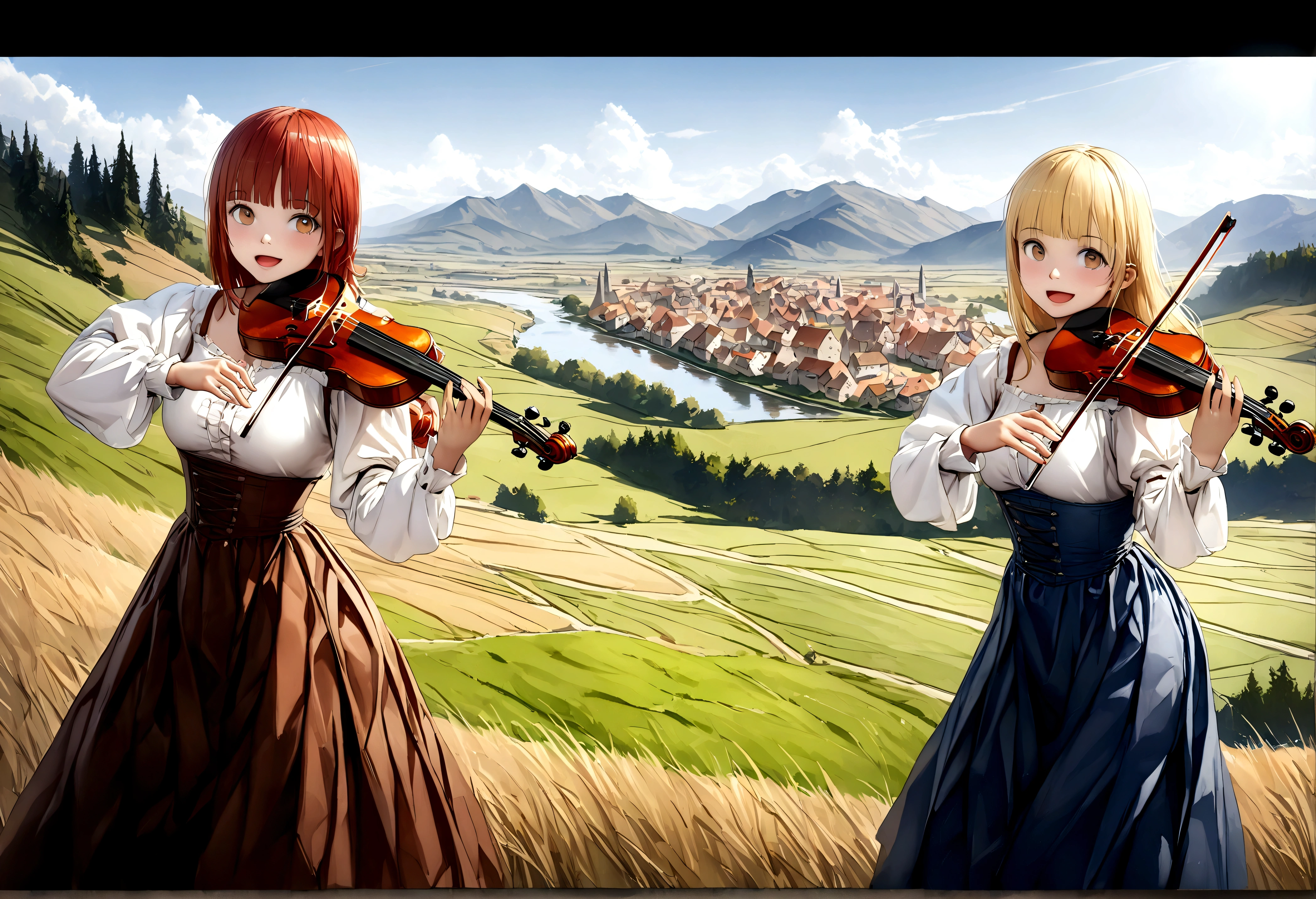 (((Top quality, 4k, 8k, high resolution, masterpiece: 1.2))), (super detailed), (realistic), (photorealistic), (photorealistic: 1.37), (HDR, UHD), (studio (lighting)), ultra-fine drawing, sharp focus, physically based rendering, highly detailed, professional, vibrant colors, perfect ditaile hand, highly detailed realistic eyes, girl, one girl, multiple girls, A lot of girls, smile, open mouth, close mouth, short hair, medium hair, medium length, long hair, ponytail, red hair, blue hair, blonde hair, green hair, pink hair, medieval European clothing, Citizen's Clothing from Medieval Europe, miniskirt, mid-length skirt, long skirt, chinos pants, (((playing the lute))), (((playing the violin))), (((Girls playing guitar))), (((playing the flute))), (((playing the drums))), Medieval European town, Countryside, Medieval European rural village, Rural grassland, Mountain view, Rural river, Irrigation canal, anime, cartoon, kawaii, qute, (((Long shot, Panorama, Distant view, Vast landscape))), knees, feet, looking at viewer,
