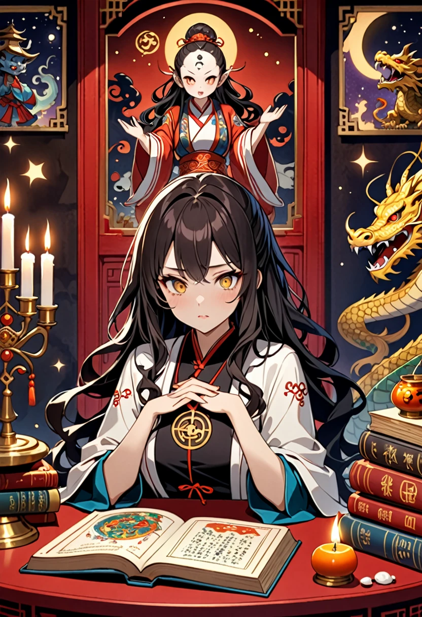 Highest quality, 16K, Unbelievably absurd, Very detailed, 2.5D, delicate and dynamic, , formal, Fortune Telling Hut, Chinese style, candle, Astrology Books, Strange Asian Figurines, Buddhist statue, 分厚いAstrology Books, Creepy Paintings, Skeleton, dragon, spooky, Dimly lit room, Small face, Very delicate facial expressions, Delicate eye depiction, Upper body close-up, erotic, One sexy woman, Cool woman, black long wavy hair, Healthy body shape, 25-year-old woman, Cool woman, Height: 170cm, huge bouncing busts, astrologer, Horoscope, , Suspicious look, Chinese clothing with a complex structure, Chic colored clothes, , Magician's Shoes, Chinese styleの椅子に座る, At the desk, Fortune telling,