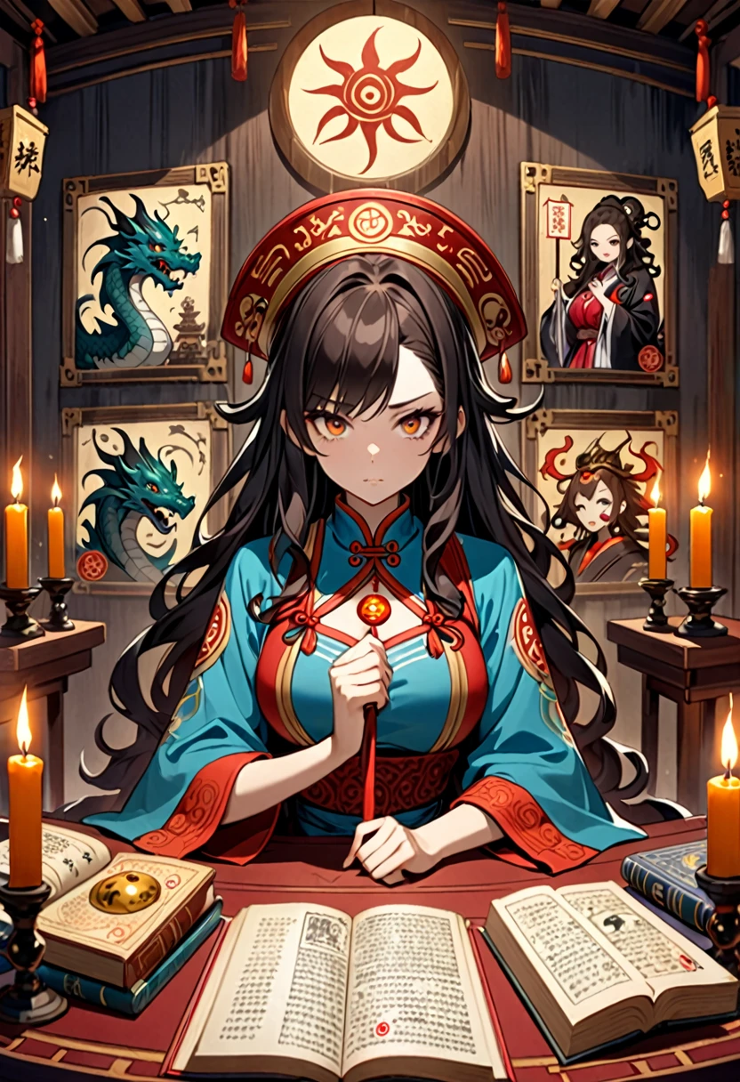 Highest quality, 16K, Unbelievably absurd, Very detailed, 2.5D, delicate and dynamic, magic space , formal, Fortune Telling Hut, Chinese style, candle, Astrology Books, Asian monster figurine, , 分厚いAstrology Books, Creepy Paintings, , Dragon mural, spooky, Dimly lit room, Small face, Very delicate facial expressions, Delicate eye depiction, Upper body close-up, erotic, One sexy woman, Cool woman, black long wavy hair, Healthy body shape, 25-year-old woman, Cool woman, King Enma, Height: 170cm, huge bouncing busts, astrologer, Horoscope, to pronounce a death sentence, Suspicious look, Chinese clothing with a complex structure, Chic colored clothes, , Magician's shoes pointing at the camera, Chinese styleの椅子に座る, At the desk, Fortune telling,