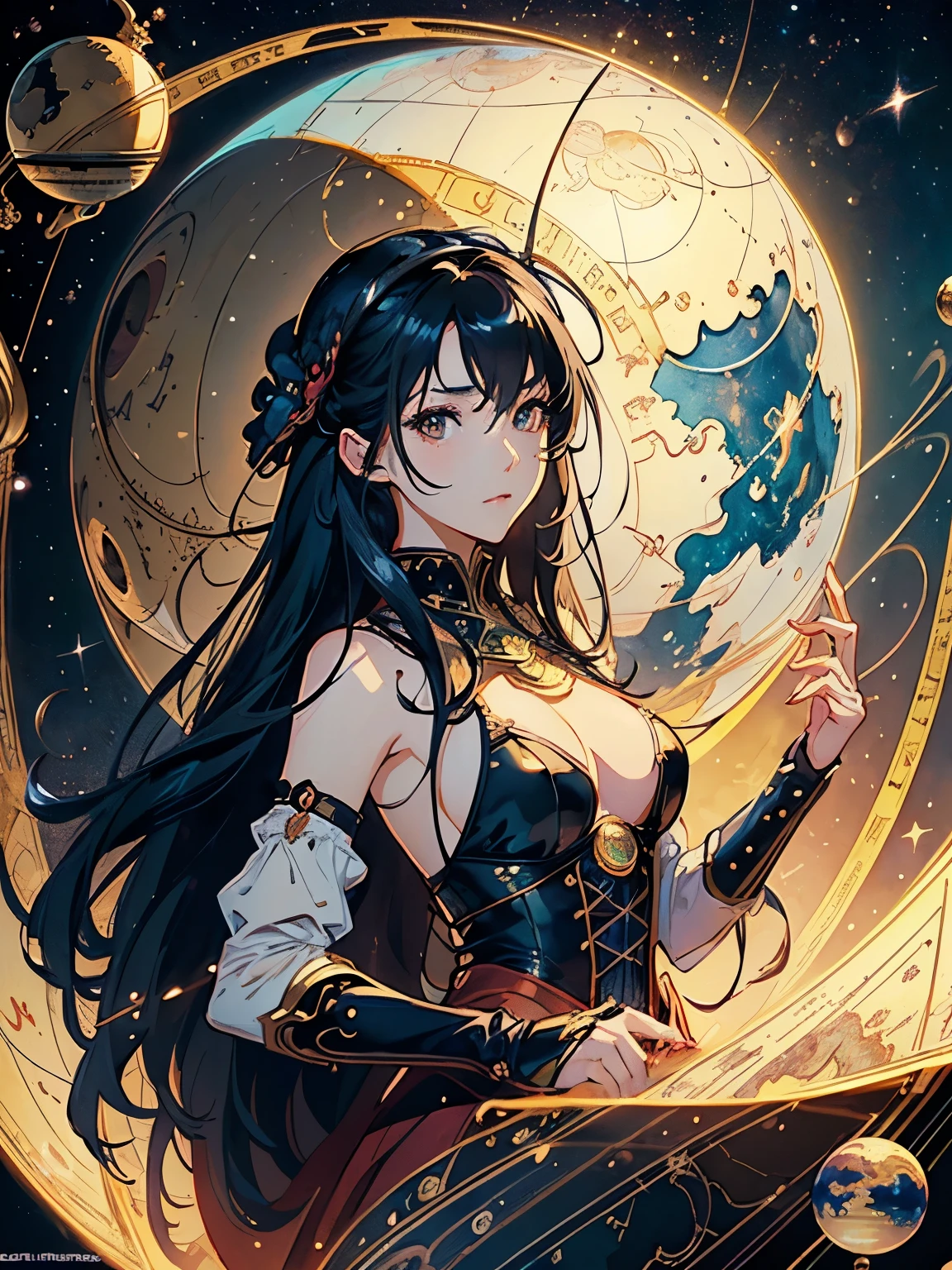 (Highest quality、High resolution、masterpiece)、(Anime Art 4k)、((One Woman、astrologer、Astronomer、whole body、Black Hair、Small breasts)), ((Large celestial globe、Celestial orbital track map))、Victorian Style、steampunk、Cinema Lighting、Ray Tracing、(Watercolor of singer Sargent)、