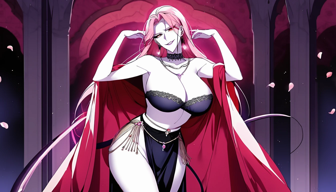 (shoujo-style:1.3), royal, seductive, seductress, 1girl, (mature female:1.3), adult female, 30 year old,pink hair, long hair, (milf:1.2), (slim body:1.3), tall body, (glowing red eyes), (large breasts), succubus, (succubus tails), (succubus tail in the background), earrings, parted lips, (night:1.3), rose petals, (evil face:1.2), seductive smile, grin, (smirk:1.2), makeup, large lace choker, large necklaces, head tilt, collarbone, sexy pose, indoor, inside royal chamber, pillars, huge lamps, white skin, dress, belly dancer clothes, arabian robe, (robe:1.3), egyptian robe, belly dancer,revealing clothes,(pelvic curtain:1.3),dancer, harem, 1girl,