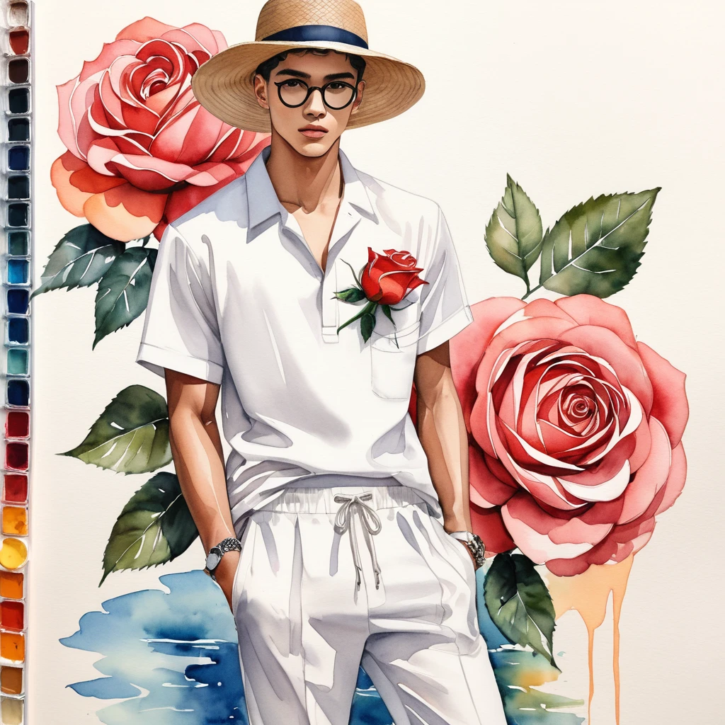 candid fashion illustration of young Mixed race 2man, both aged 18-23 year old, ((showcase fashion look book in White linen outfits)), the design inspired by David Austin Rose, in elegant chic style. The man wears an oversized short-sleeved shirt with a minimal embroidery pocket details, paired with relaxed-fit white Short with Drawstring, He completes his look with white sneakers and round glasses. The 2nd man complements him in a Calf-length fitted pants in a stripe cotton weave, He resemble includes an accessorizes with a brimmed straw hat and sneakers, Captured in a low angle, ((full-body image)), ((big drawing rose in water color in background)), fashion sketching, realistic drawing, ((imperfect water color drawing)), fashion look book, fashion illustrator, fashion sketch design,