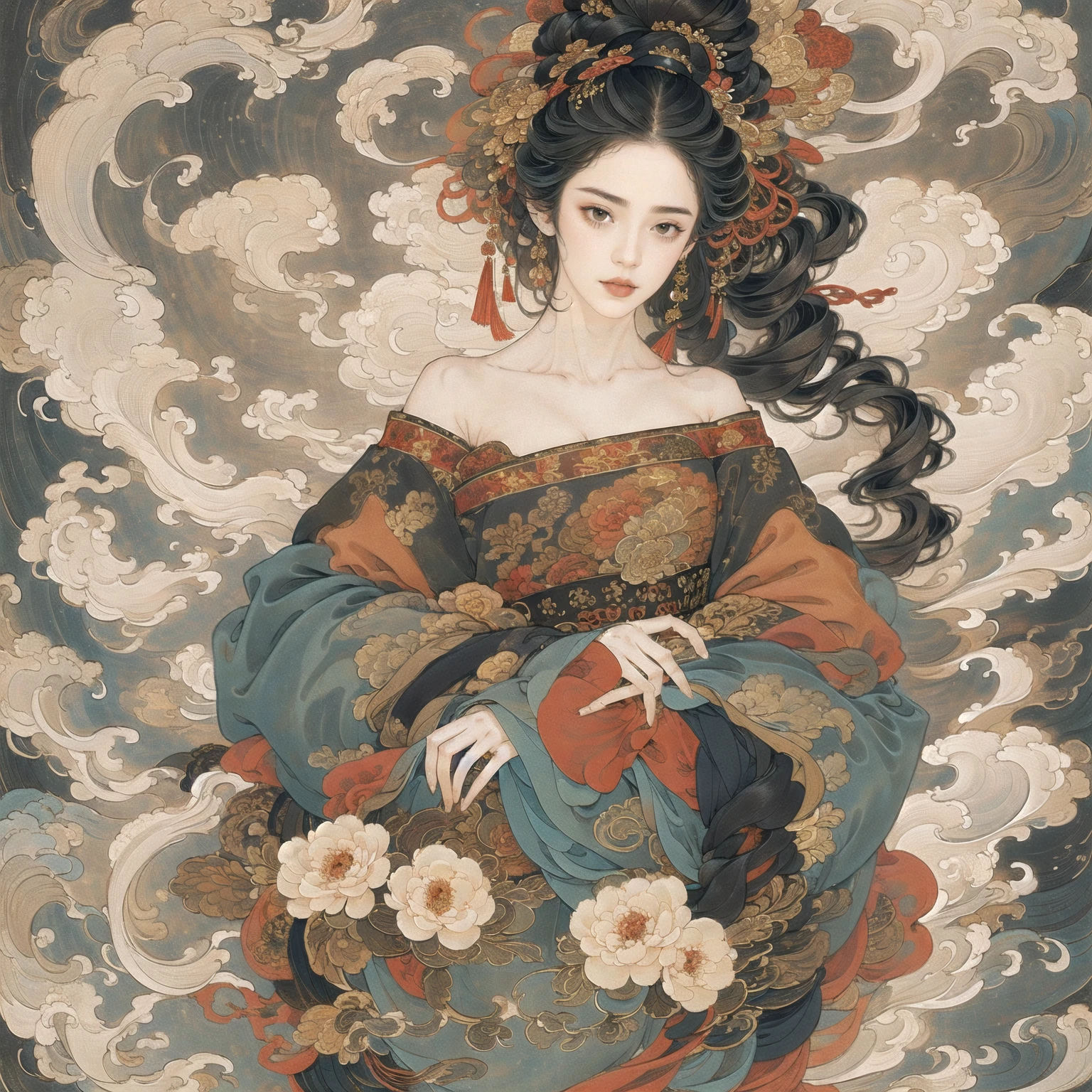 guofeng,Illustrated,black eyes,long hair,multiple colors,high definition,Rich in intricate details,8K,illustration,crazy colors,off shoulder, 1girl,chinese
