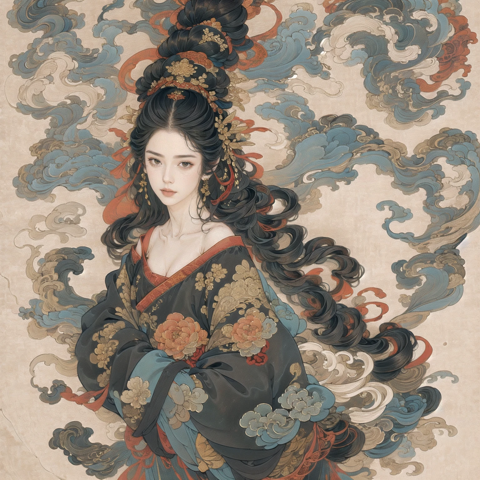 guofeng,Illustrated,black eyes,long hair,multiple colors,high definition,Rich in intricate details,8K,illustration,crazy colors,off shoulder, 1girl,chinese