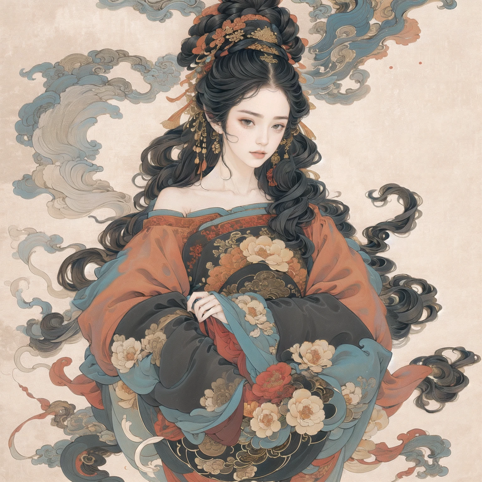 guofeng,Illustrated,black eyes,long hair,multiple colors,high definition,Rich in intricate details,8K,illustration,crazy colors,off shoulder, 1girl,chinese