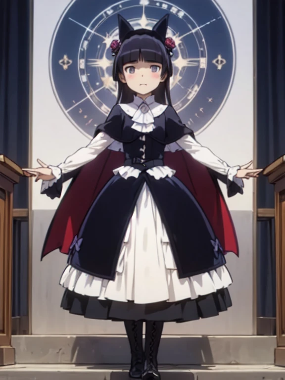 (masterpiece, Highest quality:1.1), (astrologer), 1 Girl, alone, witch hat, gloves, dress, Black Costume、((Long skirt))、Frills, boots, Cape,  witch, ((ruri gokou)), Crystal Ball, magic circle, Shining Star, meteor, universe, magical energy, Vision of the future