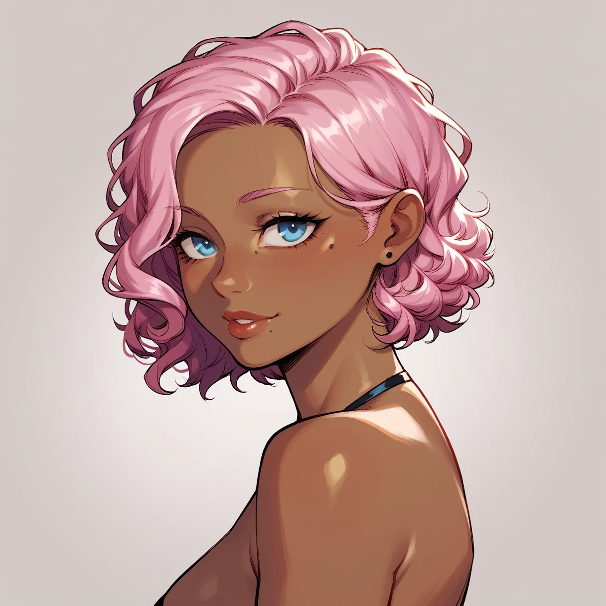 score_9, score_8_up, score_7_up, score_6_up BREAK 1girl,solo, slim, short, curly pink hair, blue eyes, dark skin tone, beauty mark
