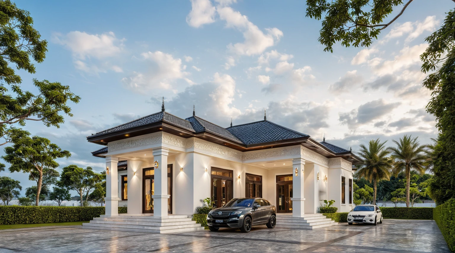 neo classical villa on street, (daylight), tropical tree, vivid colour, streetcapes, white tone, black detail, white wall, large glass door, warm interior lighting, best quality, masterpiece, ultra realistic