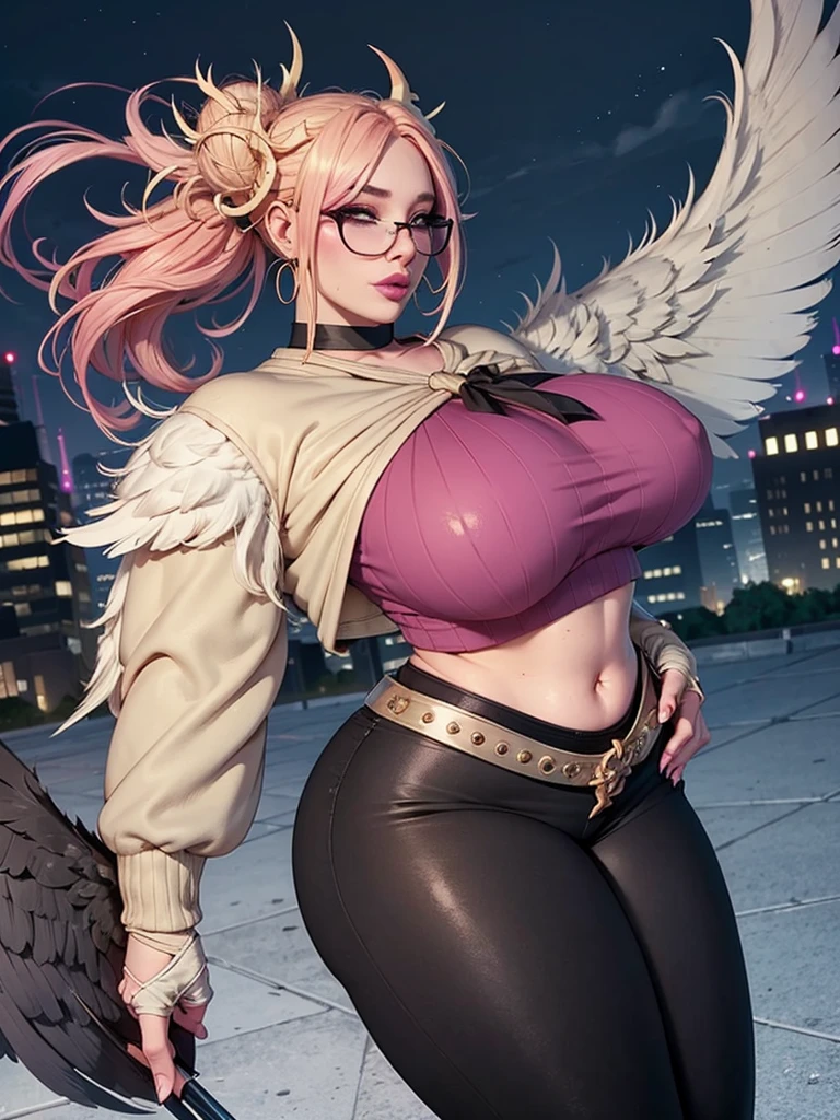 realisticlying,22yo girl,Blonde short、big body, sexy lingerie lace black ,perfect eyes, hair bunches、very very long hair, ultradetailed hair, body nylon sexy, Breasts enlarged、 big body, blonde, woman 1.90 CM,ponytail, ((hair over eyes)),perfect mouth, massive big bounce oppai, WET SKIN, (masterpiece, best quality:1.2), 1girl, solo, city background, haze \(fortnite\), Harpy Haze From fortnite, 1girl, earrings, glasses, hat, jewelry, lips, long hair, looking at viewer, makeup, nail polish, pink eyes, pink hair, pink nails, smile, sunglasses, tinted eyewear, belt, black pants, crop top, eyeshadow, midriff, navel, pants, choker, fingernails, round eyewear, sharp fingernails, standing, black feathers, black headwear, hoop earrings, horned headwear, horns, denim, winged arms, feather trim, star \(symbol\), elbow gloves, dark pink lips, feathers, heels, shoes, angel wings, bangle, black wings, crop top overhang, feathered wings, harpy, low wings, multicolored hair, multicolored wings, pink wings, wings, fingerless gloves, shirt, long fingernails, boater hat, bootcut pants, leather pants, sleeves, black sleeves,massive big bounce oppai,massive big bounce oppai,massive big bounce oppai,big bounce oppai,big bounce oppai,ultra massive breast,fashion model,