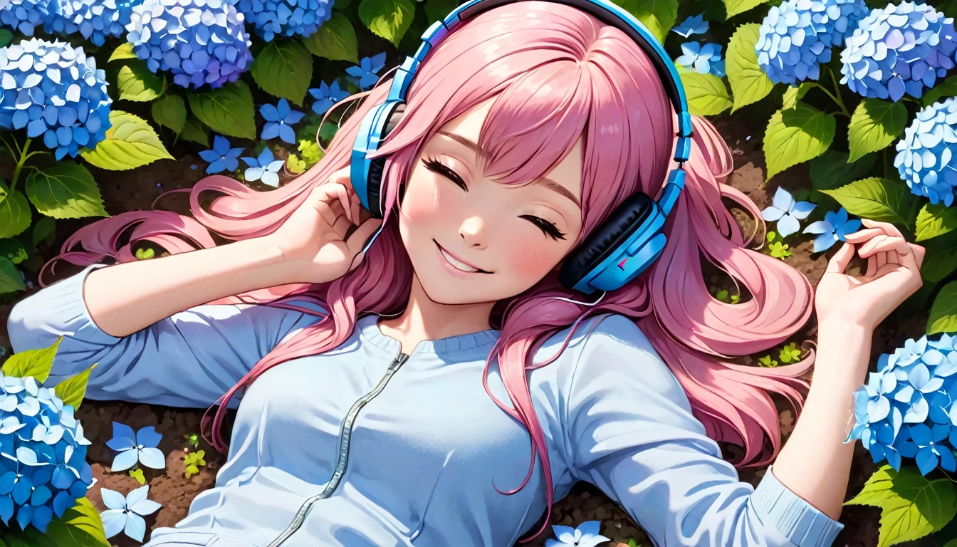 A girl with long hair wear headphone is laying down in a field of Hydrangea flowers, wearing a pair of blue headphones. She is smiling and seems to be enjoying a pleasant moment of relaxation. The flowers around her have white centers and are Hydrangea in Pink, blue, purplecolor. This scene gives off a peaceful and serene vibe.

