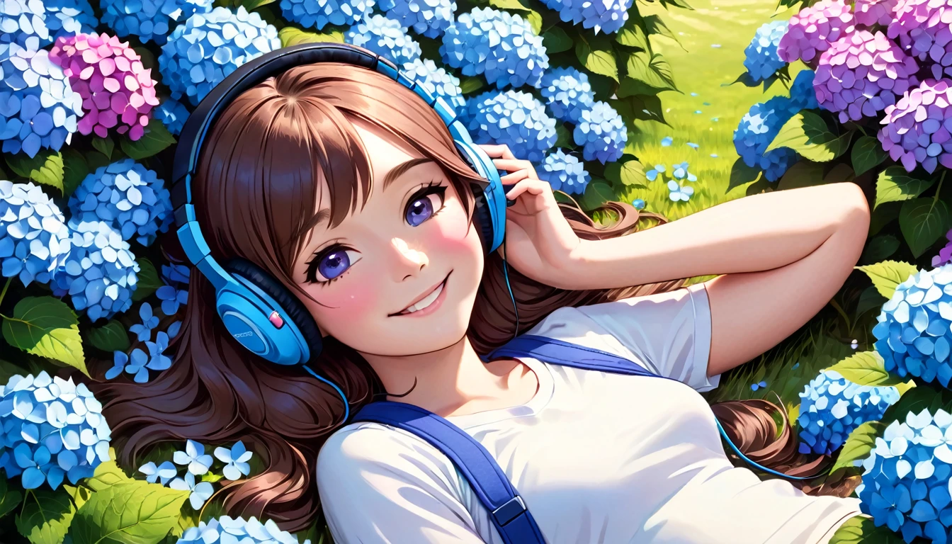 A girl with long hair wear headphone is laying down in a field of Hydrangea flowers, wearing a pair of blue headphones. She is smiling and seems to be enjoying a pleasant moment of relaxation. The flowers around her have white centers and are Hydrangea in Pink, blue, purplecolor. This scene gives off a peaceful and serene vibe.
