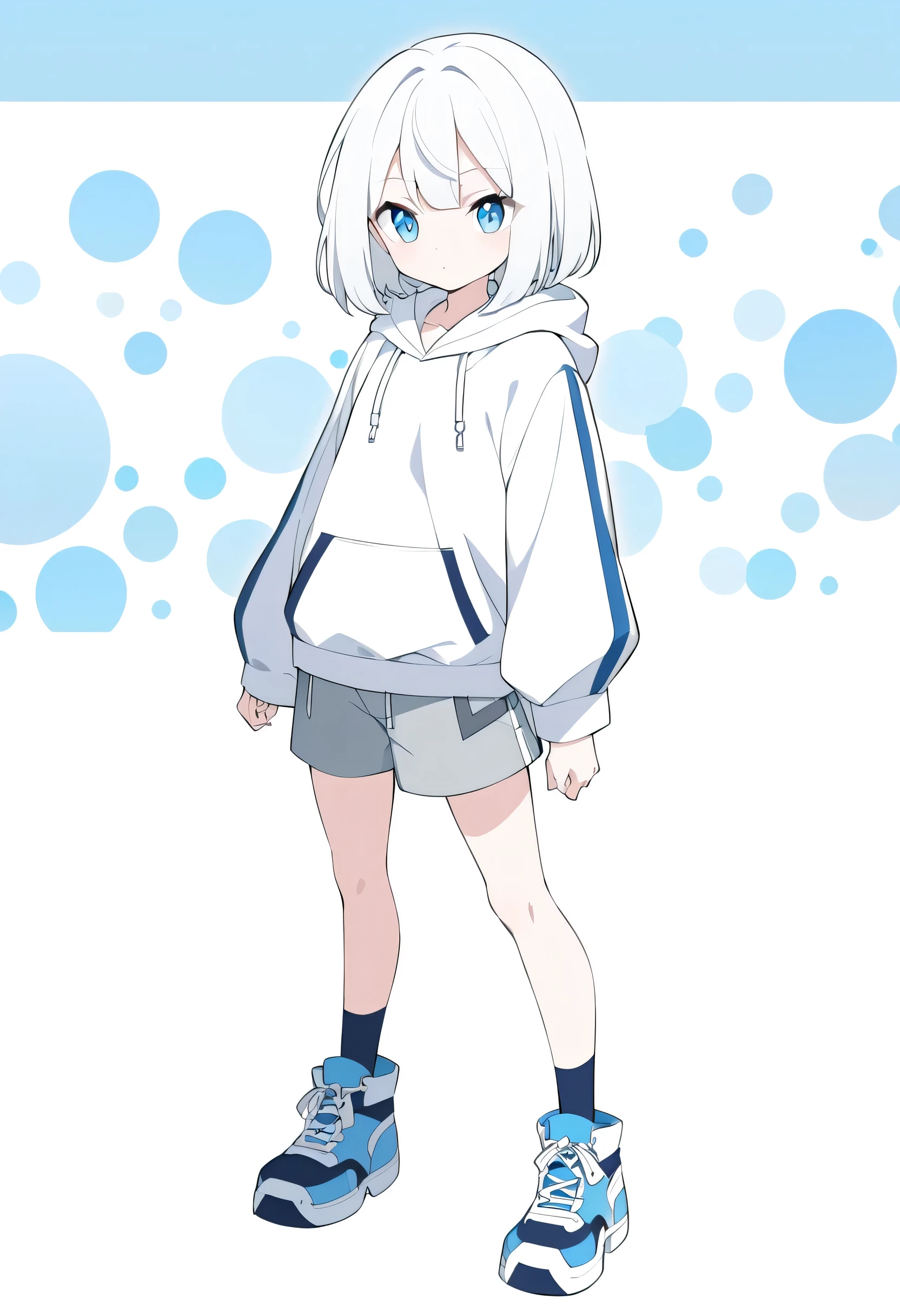 White hair, blue eyes, girl, bob, front, whole body,White hoodie, Gray shorts,White and blue shoes,(((Anime style)))