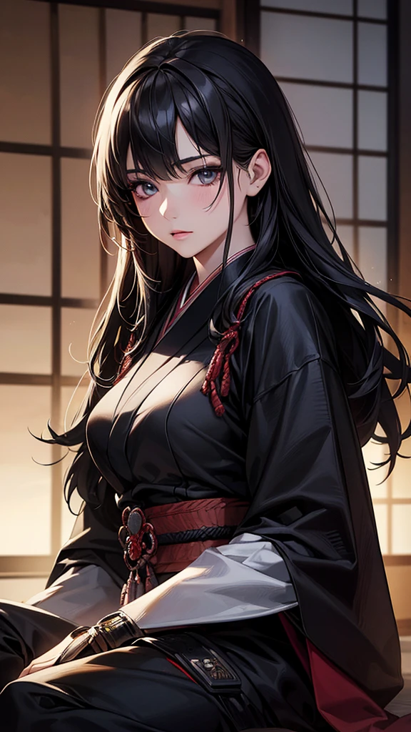 Highest quality, Ultra-high resolution, (Realistic: 1.4), beautiful Eyes, Super beautiful, beautiful, Warrior, Japanese style, Black tones、beautiful Soldier, Eyes that beckon, Mistress&#39;s point of view, Attractive look, Sexy smile, Perfect Style, Perfect balance, Detailed skin, Mischievous Gaze, (Black Hair、ponytail:1.4),night、moon　