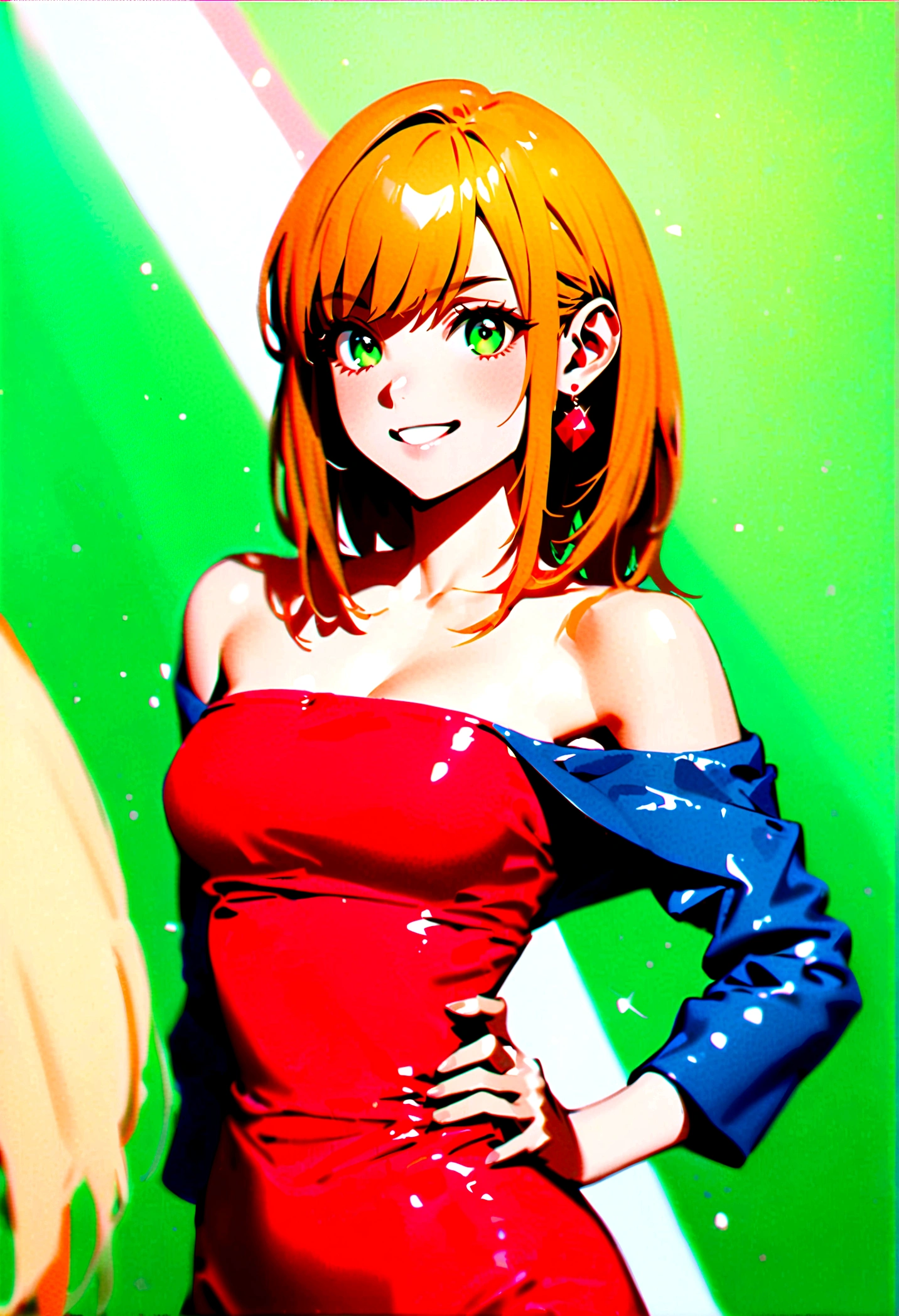 Girl with waist-length orange blond hair, Green Eyes, Red off-the-shoulder dress, Blue and white cropped jacket, Red earrings, Energetic smile