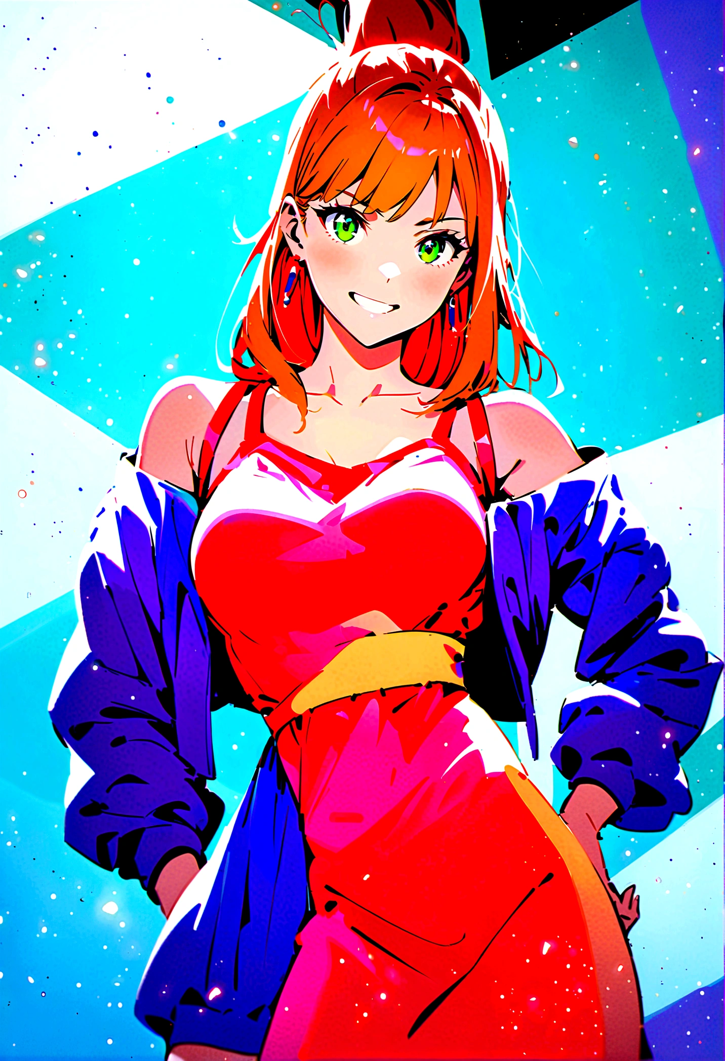 Girl with waist-length orange blond hair, Green Eyes, Red off-the-shoulder dress, Blue and white cropped jacket, Red earrings, Energetic smile