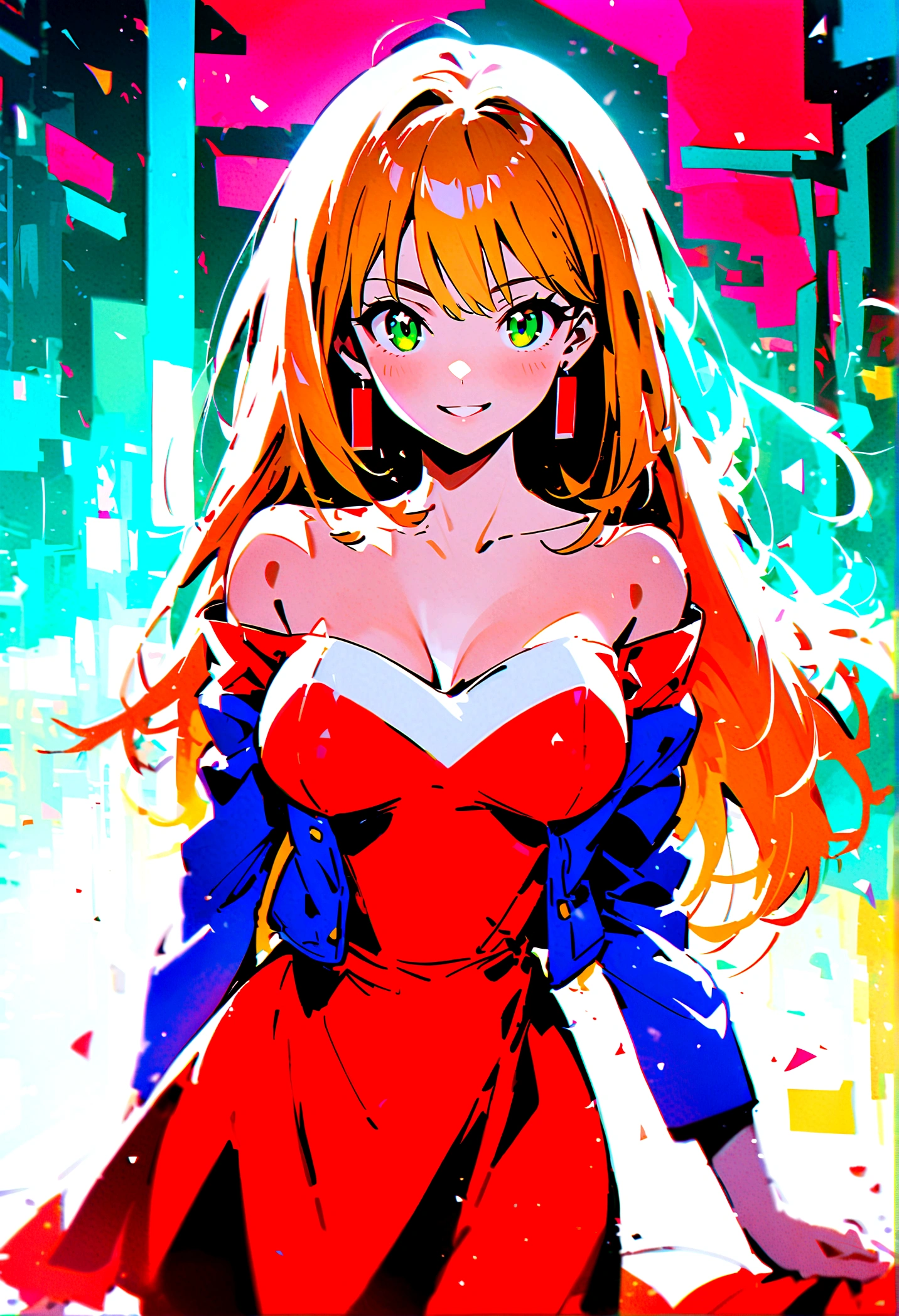 Girl with waist-length orange blond hair, Green Eyes, Red off-the-shoulder dress, Blue and white cropped jacket, Red earrings, Energetic smile