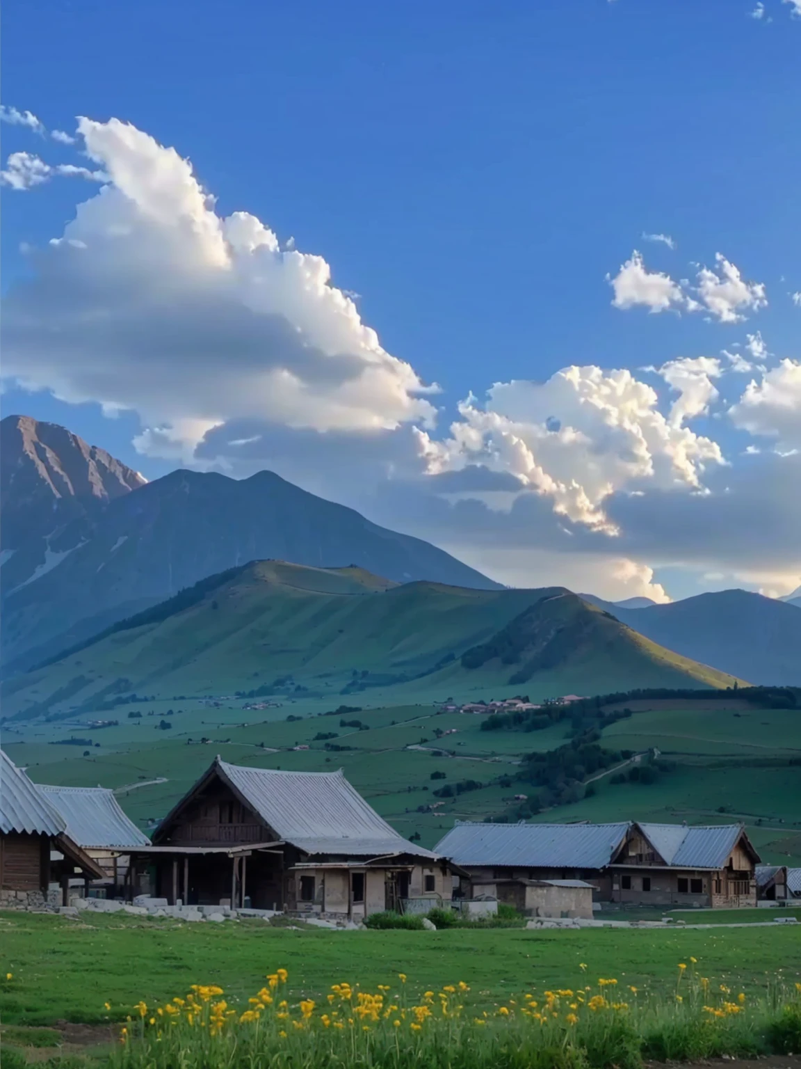 with mountains in the distance,In the foreground are several houses and a cow, villages at background, village, Mountains in the background, 8K)), very scenery is beautiful, scenery is beautiful, In the valley, Alexander Runciman, Mountains in the background, Mountains in the background, 背景中的village庄, very very scenery is beautiful, Valle encantador