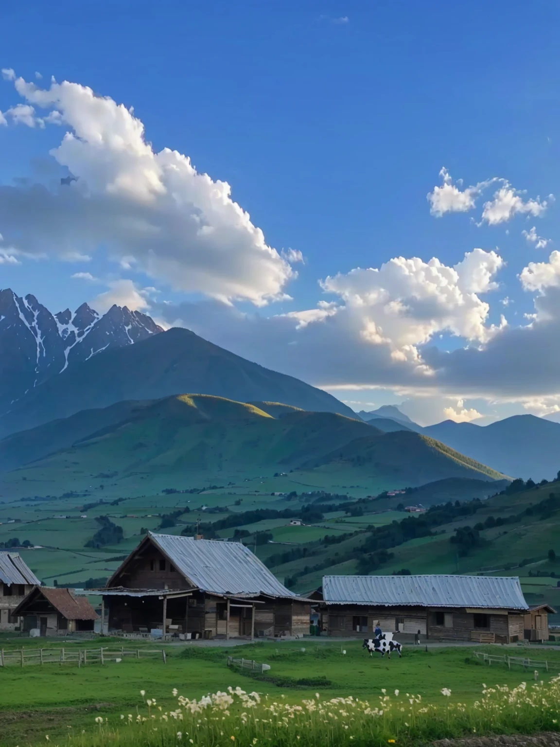 with mountains in the distance，In the foreground are several houses and a cow, villages at background, village, Mountains in the background, 8K)), very scenery is beautiful, scenery is beautiful, In the valley, Alexander Runciman, Mountains in the background, Mountains in the background, 背景中的village庄, very very scenery is beautiful, Valle encantador