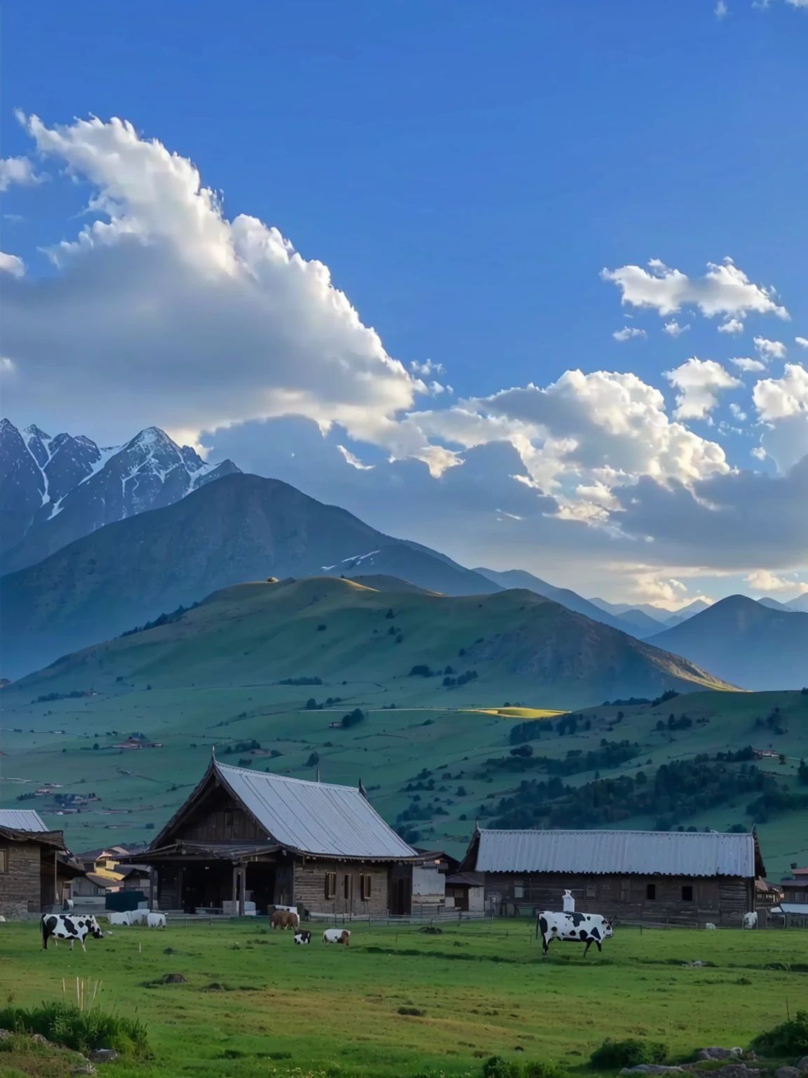 with mountains in the distance,In the foreground are several houses and a cow, villages at background, village, Mountains in the background, 8K)), very scenery is beautiful, scenery is beautiful, In the valley, Alexander Runciman, Mountains in the background, Mountains in the background, 背景中的village庄, very very scenery is beautiful, Valle encantador