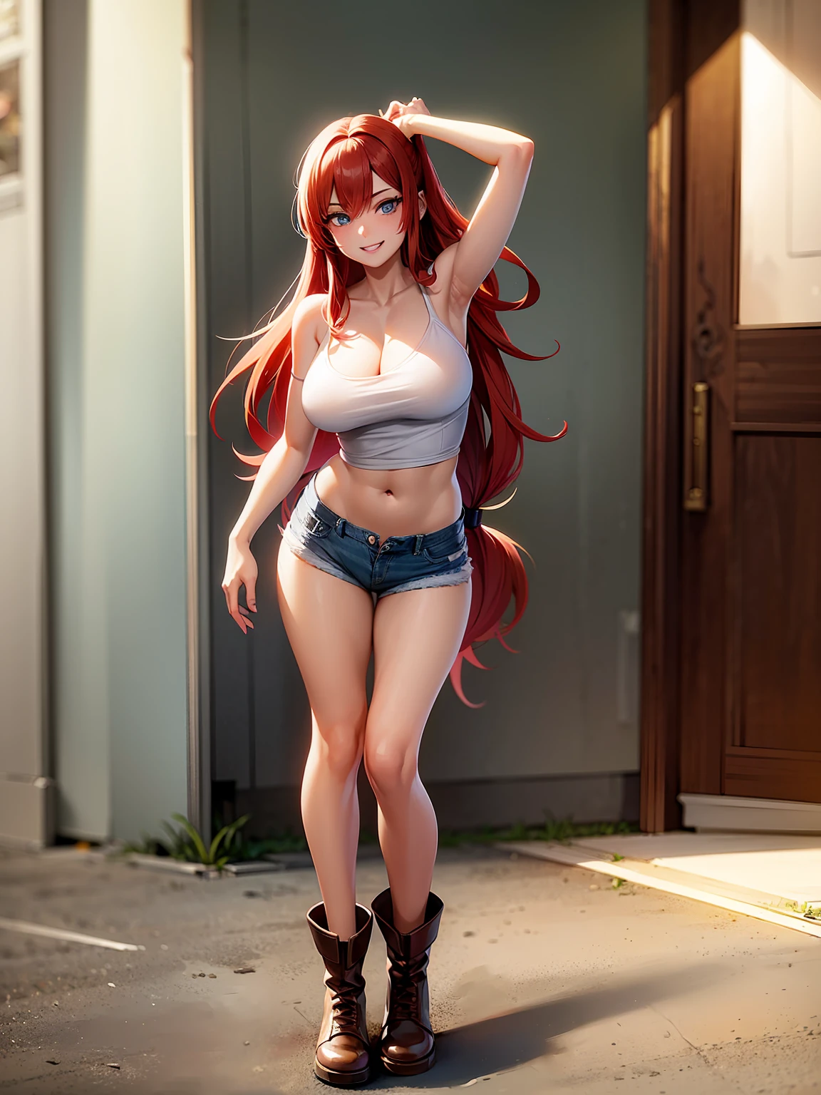 2d, 1girl, solo, sexy young, long hair strong red hair, blue-eyed, Short white shirt with wide shoulders, Bright blue short denim shorts punched in the pussy and without panties, mirada glad, glad, short brown boots, going, anime style, teasing smile, big breasts,