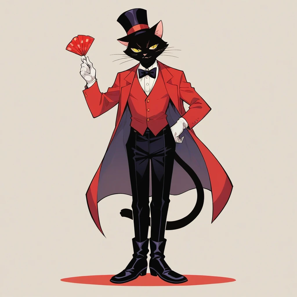 Solo female, furry, tuxedo cat,  black hair, Yellow eyes, looks like a ringmaster, Top hat, Dark long tuxedo jacket, red vest, black bow tie, black trousers, boots, White gloves, Holds a magician's cane in one handand playing cards in the other hand