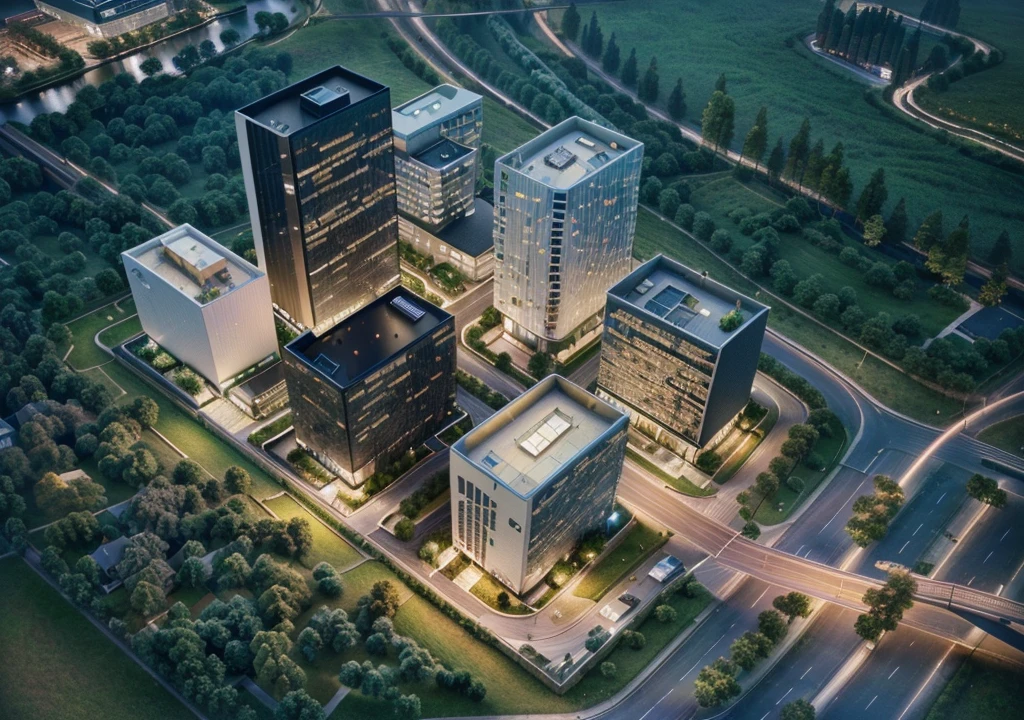 Skyscraper office building with green trees at night, High-tech environment, clear focus illustration hq, hq very detailed, The above points, skyscraper forest community, City, There is a river in the distance, City建筑亮化, High field of view, High-rise buildings，masterpiece，High Detail，HD resolution，8K，Crisp, high-quality rendering